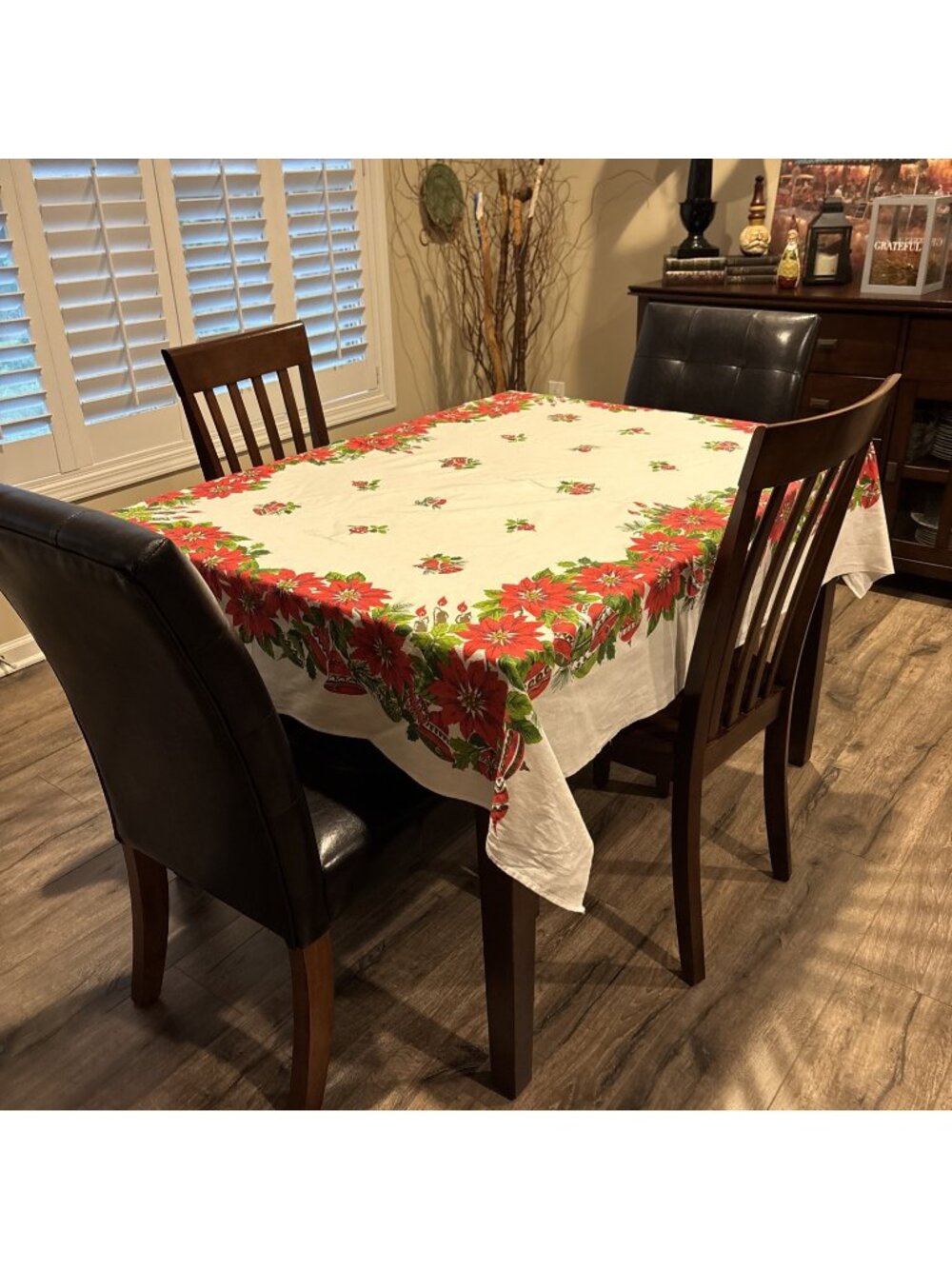 Vintage Christmas Poinsettia Ornament Bells Linen Tablecloth Rectangle 65” x 54" - Picture 1 of 6